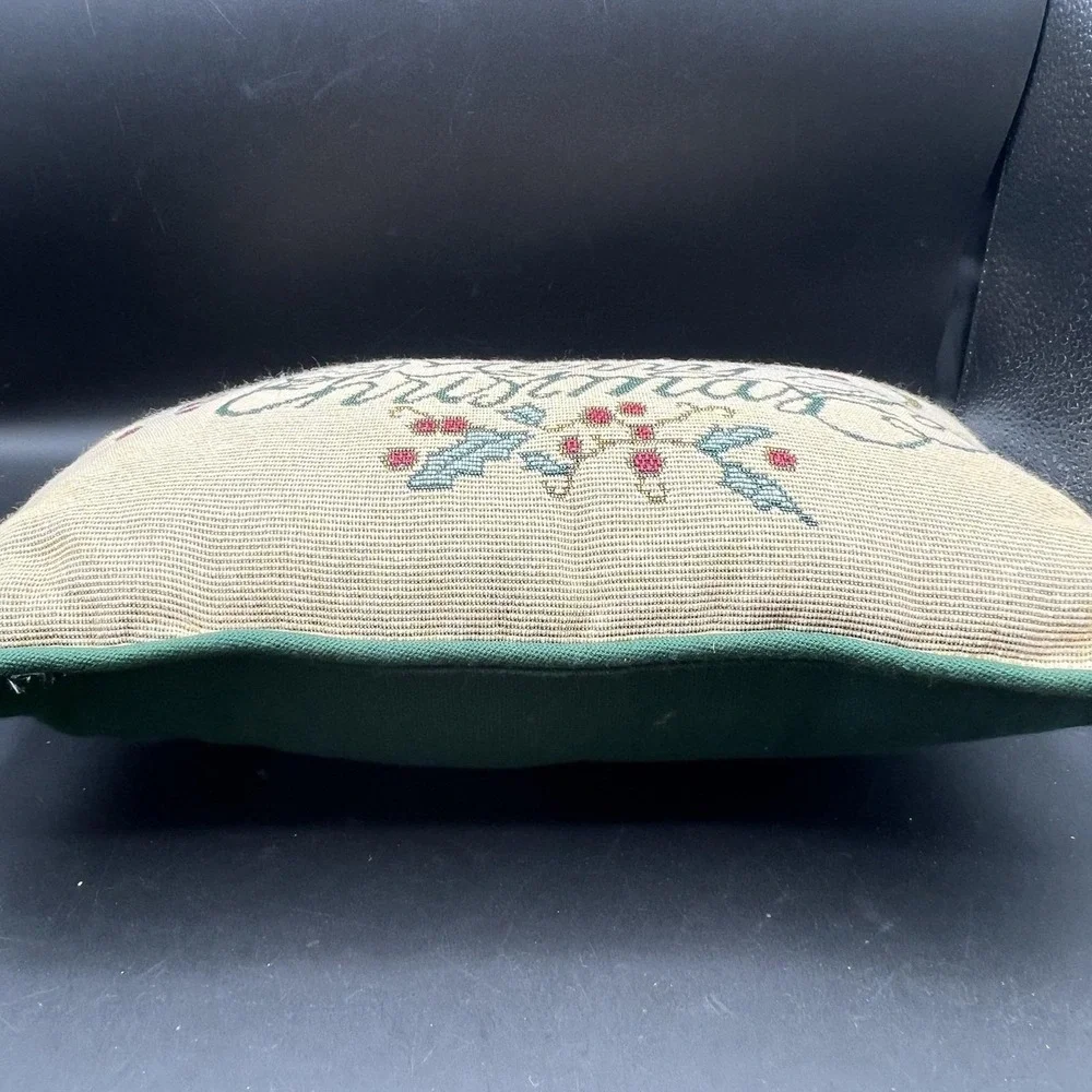 Vintage Merry Christmas Needlepoint Tapestry Throw Pillow Decor Holiday 12x9